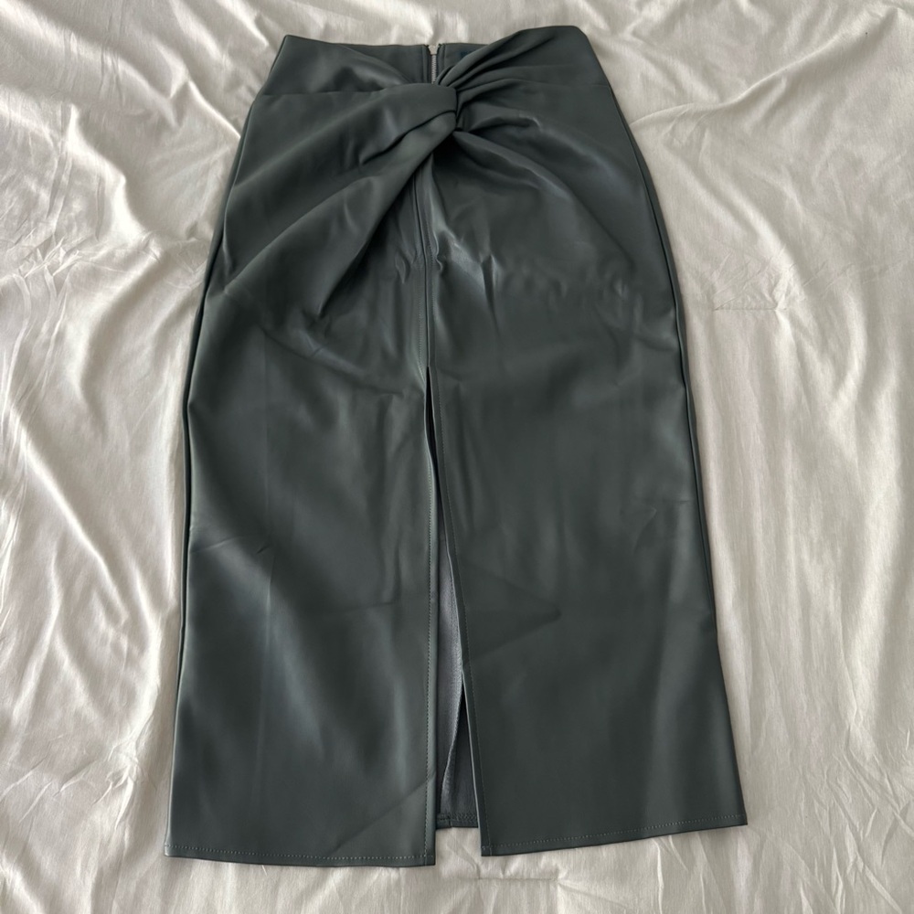 Twist-Front Faux Leather Midi Skirt - Dark Green